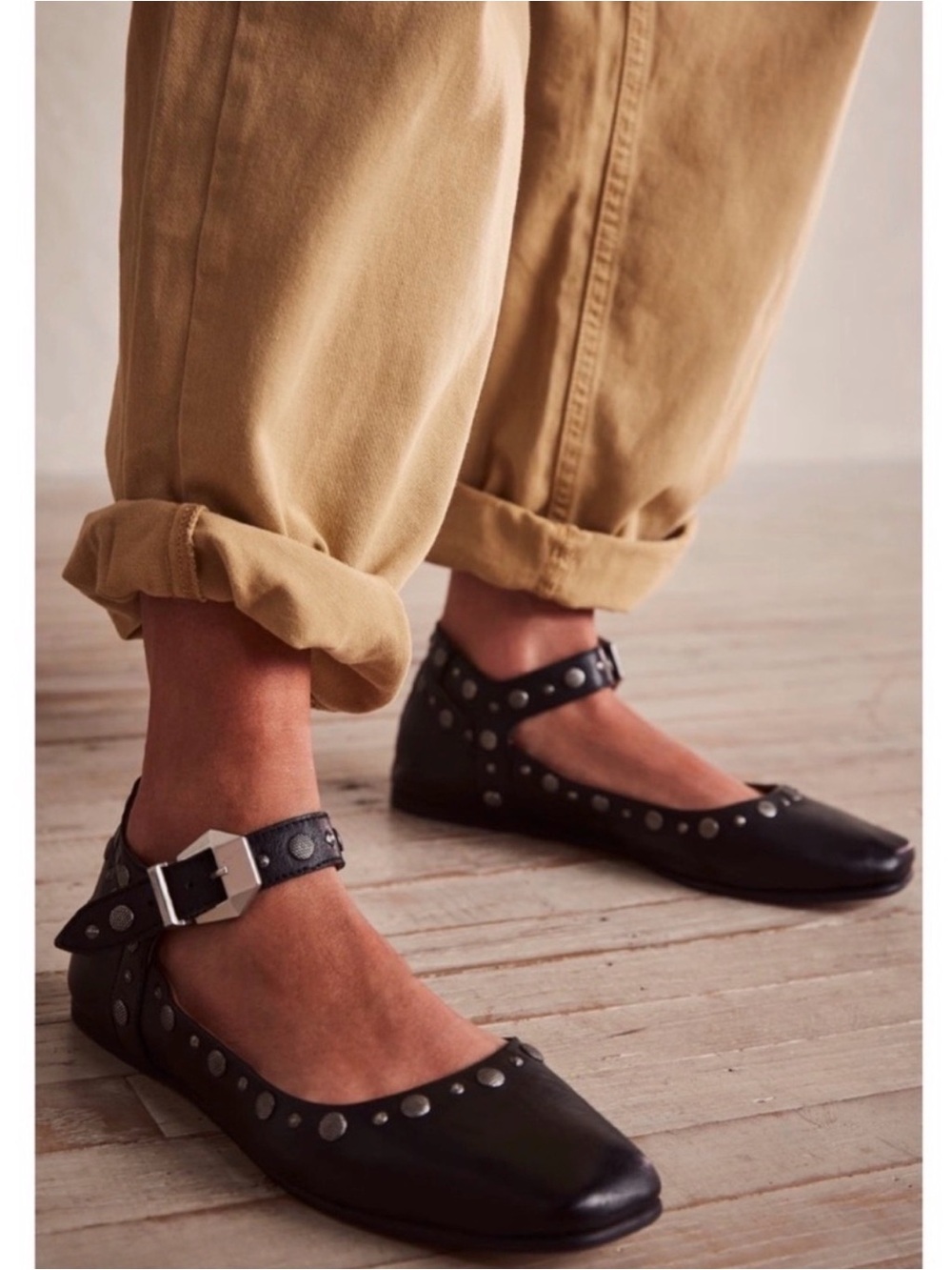 Free People Black Mystic Mary Jane Studded Ankle-Strap Flats